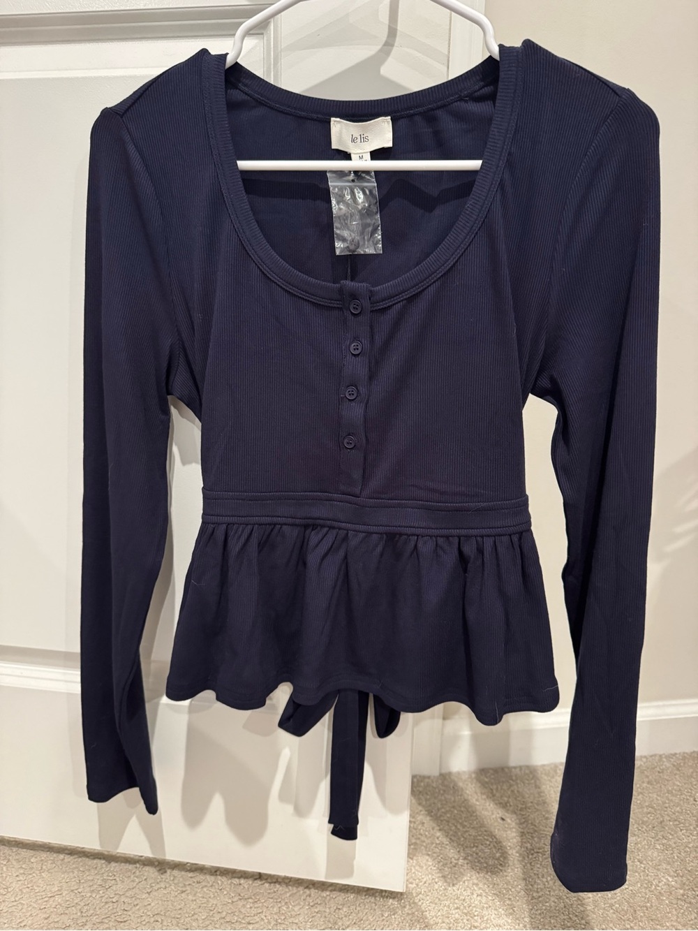 Le Lis Navy Ribbed Long-Sleeve Peplum Henley